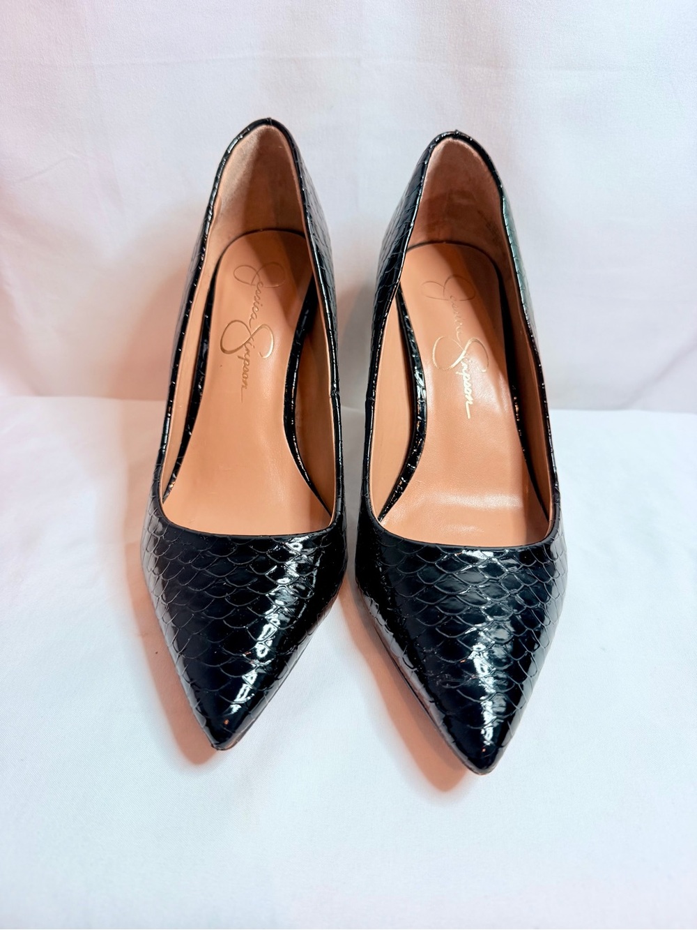 Jessica Simpson Black Patent Croc-Embossed Pointed Toe Heels